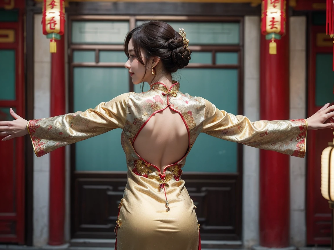 Top-quality Realistic,Official art,Highly detailed CG Unity 8k wallpaper,ultra-detailliert,hight resolution,Physically-based rendering,Magnificat,finely detail,masterpiece,Best Quality,ultra detailed, Face Light,Mature beauty,Beautiful girl,1girl,moist lips,sexy lips,Sexy smile,Gentle smile, 20 years old, Beautiful bare skin,Smooth bare skin,(Beautiful and radiant skin), big well-shaped breasts, beautiful cleavage,beautiful Mature body,swept bangs,(Medium hair:1.3), beautiful detailed eyes,model shoot style,Japanese Idol, Full-body,(Model posing with a historic Ming Dynasty building in the background:1.2),((Red and gold-embellished Cheongsam from the Ming Dynasty:1.5)),BREAK,(Heart shaped necklace),(Triangle ornament earrings),BREAK,looking down,from below,POV from below,gentle smile like a goddess,(spread arms, outstretched arms),back view,