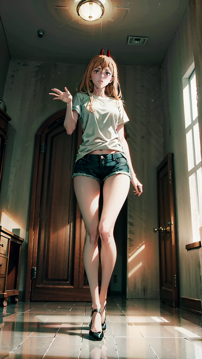 ultra sharp image, beautiful figure, beautiful, full length (full body 1.1.), slender legs, buttocks, slender legs, Wasp waist, erotica, sexy pose, Mouth open in a smile, sharp teeth, laughing, yellow eyes, ultra detailed face, Ultra transparent, Chainsaw Man Energy, Two red sharp horns on the head, ultra sharp image, very beautiful, long hair, blonde, beautiful figure, tight clothes, T-shirt with the image of a cat, denim shorts, shoes, Red crosses and circles instead of pupils, Beautiful body, sexy clothes, Beautiful eyes, very detailed eyes, Very detailed face, Beautiful body, Chereter Design, Very detailed, detailed body, detailed hands, detailed, bright, detailed Face, sharp focus, clap, Artgerm, anime art, bright, detailed Face, Hugh Details, sharp focus, Very downcast face, detailed eyes, Super lovely illustration, best shadow, finely detail, beautiful detail