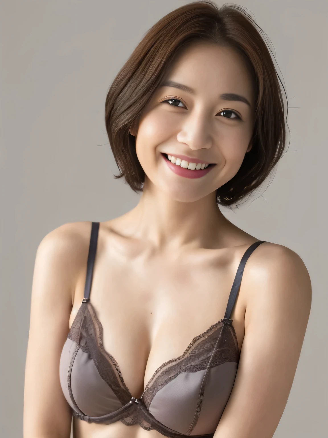 ((Highest quality、8K、masterpiece:1.3))、1 Girl、Thin abdominal muscles、Highly detailed face、Detailed eyes、double eyelid、Large Breasts、E cup breasts、、40-year-old woman、short hair、Straight Bob Hair、Short hair with bangs、Laughter、Beautiful girl highlighting her nakedness:1.3、lingerie、Upper Body、gray plain background、smile