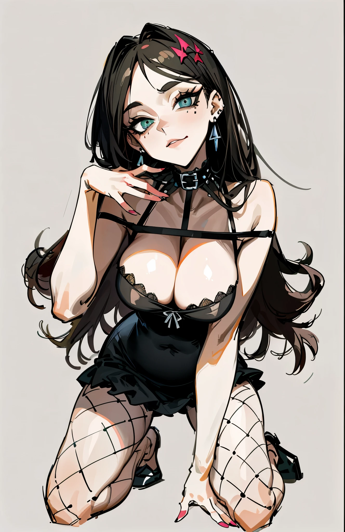 （best quality，masterpiece：1.2，detailed details，4k），((masterpiece)), ((best quality)), (ultra-detailed), anime style,large , slim, slender, ashamed,  ，Kneeling,Girl with modern gothic makeup, fair skin, long legs, black eyeshadow, camisole, plump figure, earrings and lip studs, fishnet stockings, posing in an attractive pose, lovable expression