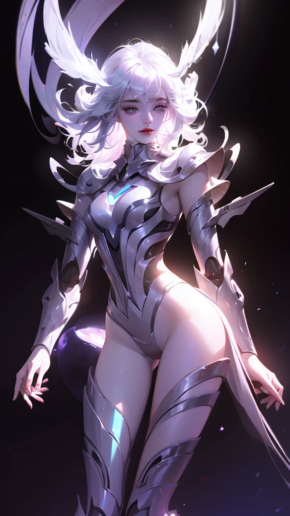 ((girl, Mecha)), Glowing eyes, Smile，Armor damage, Mechanical aura, Mechanical arm, White hair, Long hair, Ceramic body, Thigh gap, Dark background,  (translucent, Reflective Skin), (Surrealism: 1.4), 