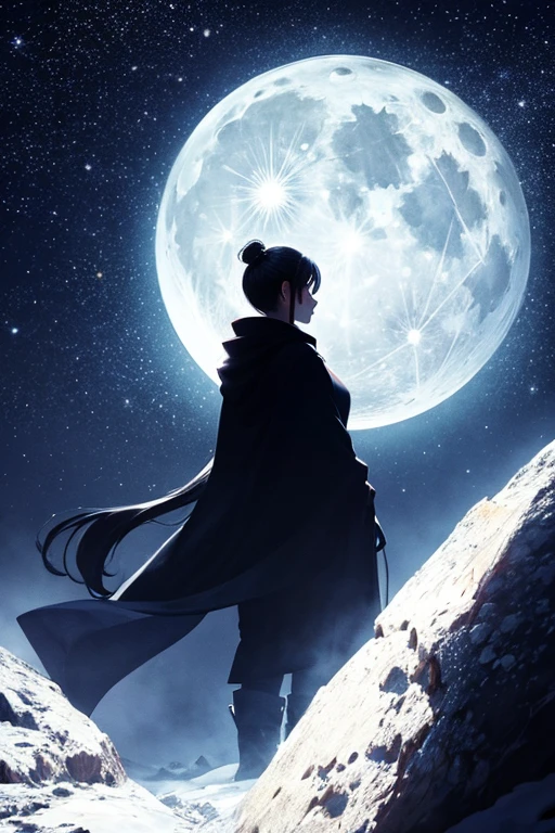 Highest quality,Big moon and shadow,A silhouette of a person can be seen against the backdrop of a large moon.,There is one full moon,There is a mood,Beautiful scenery,Starry Sky