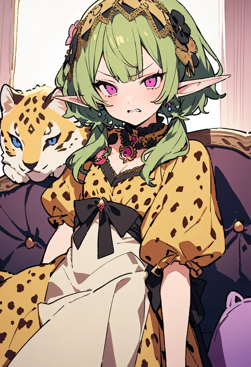 masterpiece, Highest quality, Illustration of the novel, High resolution, 18+ Adult content, Sensual, Intimate, Emotional, Passionate, romantic, sweet, Adorable, Innocent, Pure, charmな, charmな, charm, mysterious, charmな, charmな, Immersive, charmな, dream-like, Surreal, Imaginative, Whimsical, Artistic, Avant-garde, timeless, elegant, Sophisticated, chic, Sophisticated, Personality, original, charmな,((Loli Elf:1.3)),((A look of disgust:1.3))、Upper Body、(A Cheetah/A cheetah/Cheetah Dress:1.3)