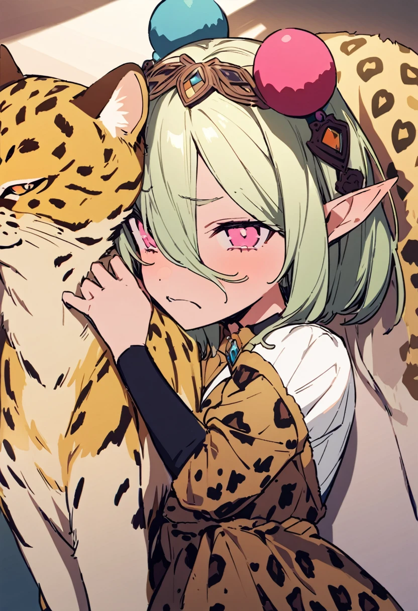 masterpiece, Highest quality, Illustration of the novel, High resolution, 18+ Adult content, Sensual, Intimate, Emotional, Passionate, romantic, sweet, Adorable, Innocent, Pure, charmな, charmな, charm, mysterious, charmな, charmな, Immersive, charmな, dream-like, Surreal, Imaginative, Whimsical, Artistic, Avant-garde, timeless, elegant, Sophisticated, chic, Sophisticated, Personality, original, charmな,(( Elf:1.3)),((A look of disgust:1.3))、Upper Body、(A Cheetah/A cheetah/Cheetah Dress:1.3)