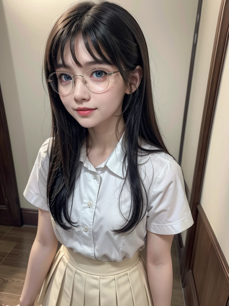 ((Best quality, masterpiece, detailed)), (RAW, 4k, hd images), shy, 1 girl, young girl, white skin, long hair, ponytail, layers hair, bangs, black hair, beautiful girl, cute girl, sweet girl, pretty girl, perfect girl, perfect eyes, pretty eyes, blue eyes, thin lips, thin, (eye line, lip stick soft) perfect , glasses(detailed frame), indoors, smile, formal clothes, short skirt, standing
