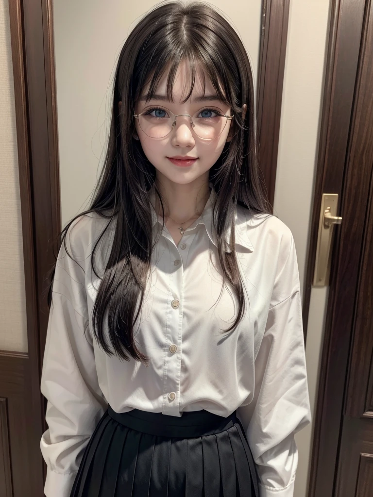 ((Best quality, masterpiece, detailed)), (RAW, 4k, hd images), shy, 1 girl, young girl, white skin, long hair, ponytail, layers hair, bangs, black hair, beautiful girl, cute girl, sweet girl, pretty girl, perfect girl, perfect eyes, pretty eyes, blue eyes, thin lips, thin, (eye line, lip stick soft) perfect , glasses(detailed frame), indoors, smile, formal clothes, short skirt, standing