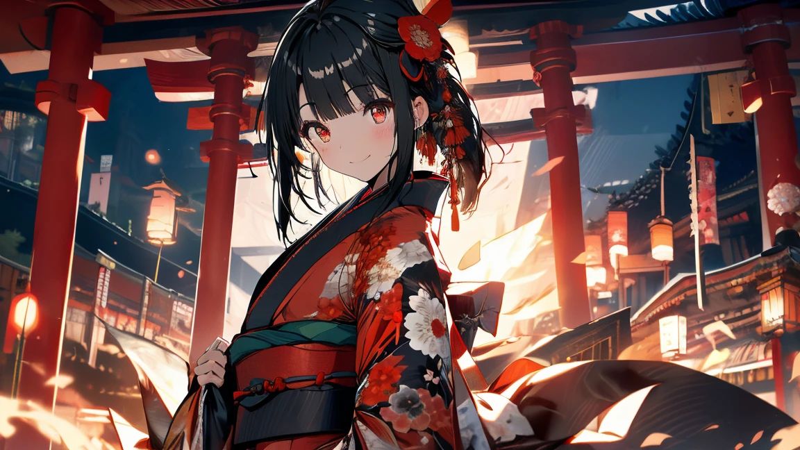(Flying debris), (Highest quality), Very detailed, 1 Girl, Focus Only,Perfect Face, Pretty face, Very detailed顔,(Black-haired:1.3),(Red eyes:1.3),Light,smile,new year,(kimono:1.4),shrine