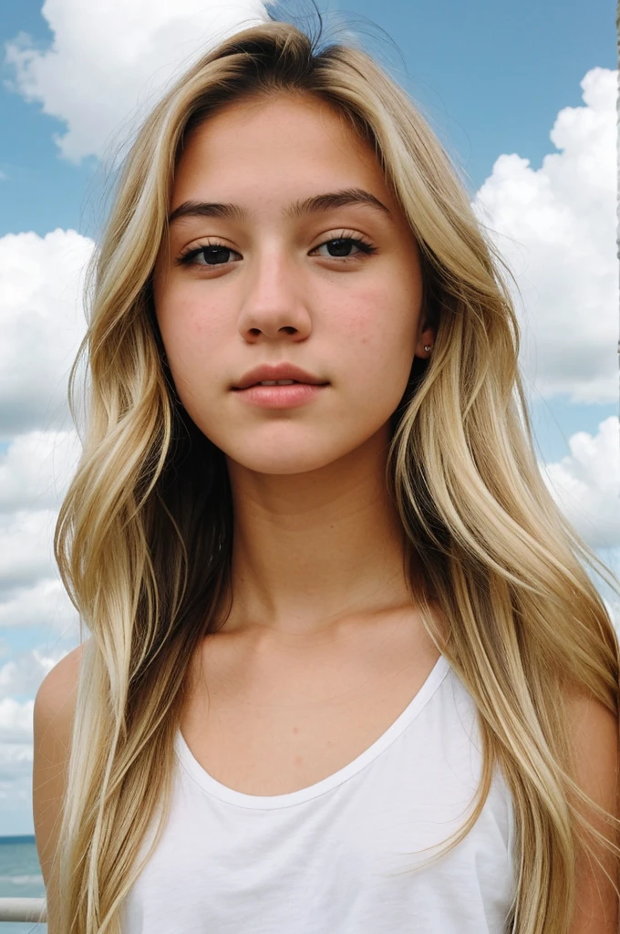 A teenage woman of 15 with blonde hair and brown eyes and white skin who looks like Tesa from After looking at the sky