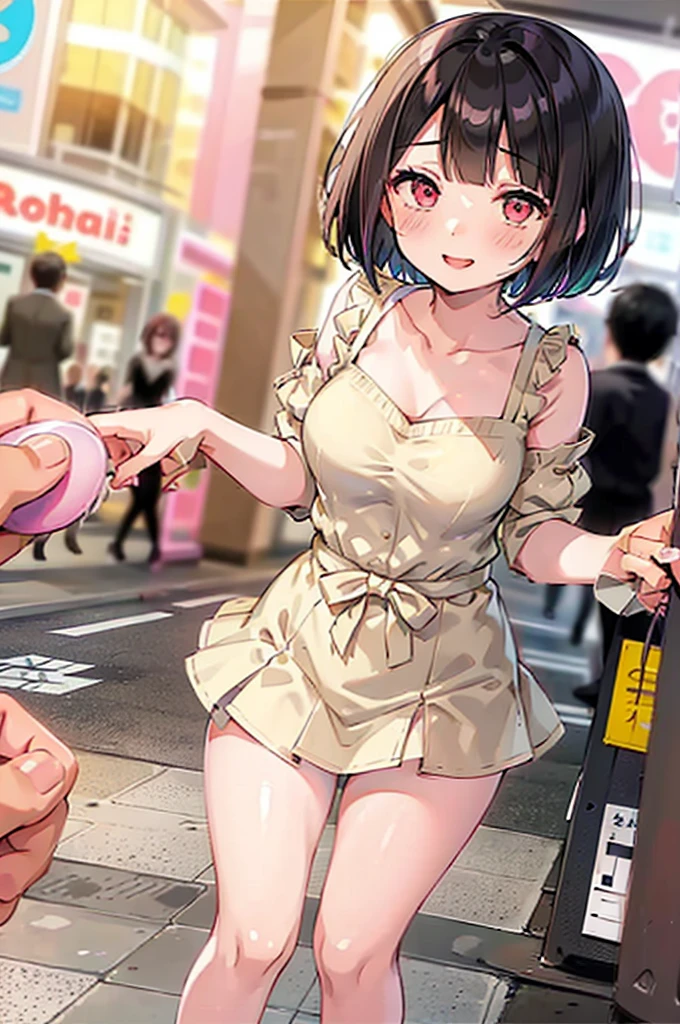 4K，One Girl, MS. end，thin，Very short stature，Very thin thighs，Blunt bangs，Short dress shirt, Half sleeves，Red Suspender Mini Skirt，blush, smile, Bobcut, Black Hair，Vibrant colors, ahegao，A lot of love juice drips down her thighs onto the floor，(remote_play))，remote-vibrating-egg，((Someone else's hand holding a pink round remote control:1.3))、Ecstatic expression，Accurate and detailed female fingers，nsfw,clench