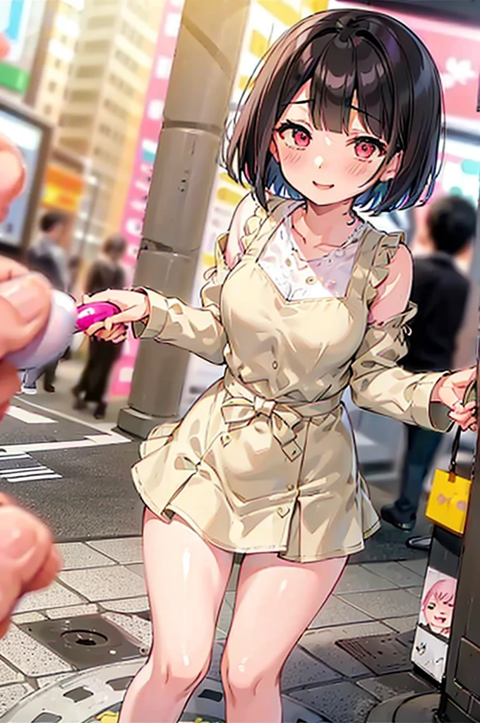 4K，One Girl, MS. end，thin，Very short stature，Very thin thighs，Blunt bangs，Short dress shirt, Half sleeves，Red Suspender Mini Skirt，blush, smile, Bobcut, Black Hair，Vibrant colors, ahegao，A lot of love juice drips down her thighs onto the floor，(remote_play))，remote-vibrating-egg，((Someone else's hand holding a pink round remote control:1.3))、Ecstatic expression，Accurate and detailed female fingers，nsfw,clench