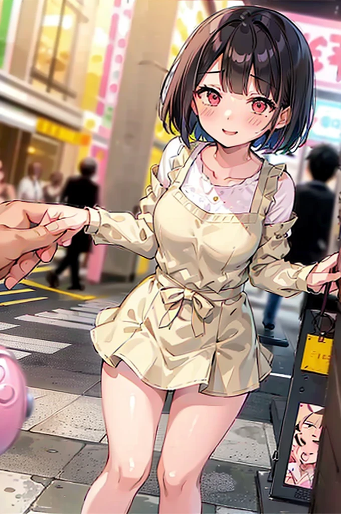 4K，One Girl, MS. end，thin，Very short stature，Very thin thighs，Blunt bangs，Short dress shirt, Half sleeves，Red Suspender Mini Skirt，blush, smile, Bobcut, Black Hair，Vibrant colors, ahegao，A lot of love juice drips down her thighs onto the floor，(remote_play))，remote-vibrating-egg，((Someone else's hand holding a pink round remote control:1.3))、Ecstatic expression，Accurate and detailed female fingers，nsfw,clench