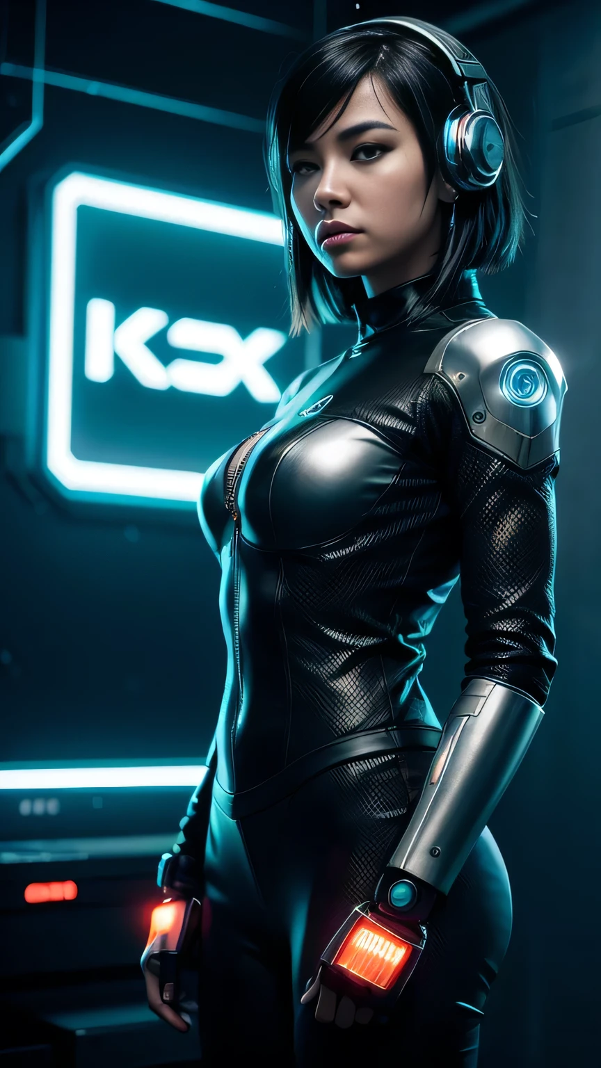 a woman with headphones standing next to a robot, cyberpunk art by Jason A. Engle, cgsociety, retrofuturism, ilya kuvshinov, sci-fi, futuristic, vibrant, photorealistic, realistic, dramatic, cinematic lighting, sharp focus, 8k