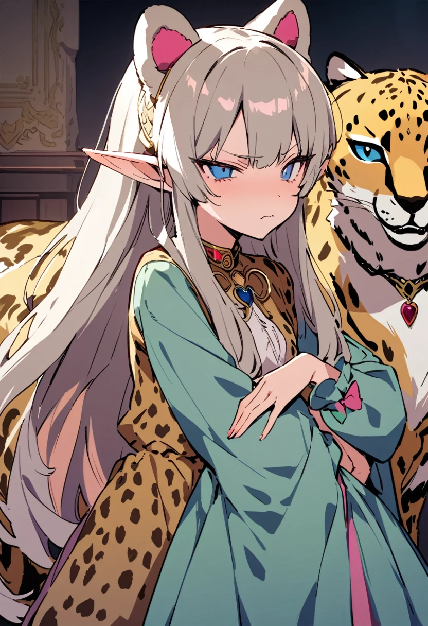 masterpiece, Highest quality, Illustration of the novel, High resolution, 18+ Adult content, Sensual, Intimate, Emotional, Passionate, romantic, sweet, Adorable, Innocent, Pure, charmな, charmな, charm, mysterious, charmな, charmな, Immersive, charmな, dream-like, Surreal, Imaginative, Whimsical, Artistic, Avant-garde, timeless, elegant, Sophisticated, chic, Sophisticated, Personality, original, charmな,((Loli Elf:1.3)),(Cheetah Dress:1.3)、Upper Body、(a bit)