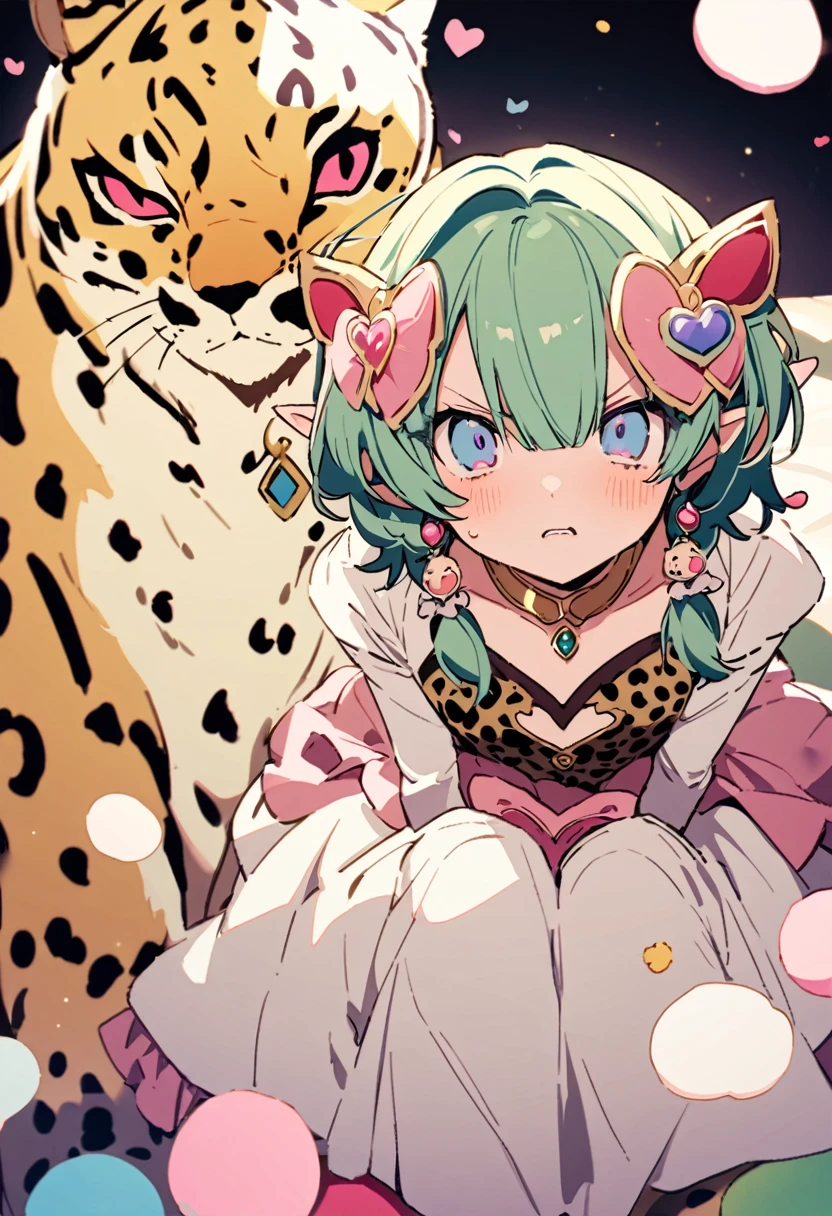 masterpiece, Highest quality, Illustration of the novel, High resolution, 18+ Adult content, Sensual, Intimate, Emotional, Passionate, romantic, sweet, Adorable, Innocent, Pure, charmな, charmな, charm, mysterious, charmな, charmな, Immersive, charmな, dream-like, Surreal, Imaginative, Whimsical, Artistic, Avant-garde, timeless, elegant, Sophisticated, chic, Sophisticated, Personality, original, charmな,((Loli Elf:1.3)),((A look of disgust:1.3))、Upper Body、(A Cheetah/A cheetah/Cheetah Dress:1.3)