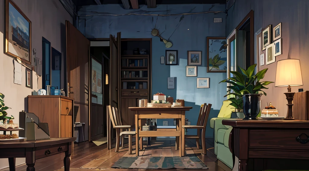 (best quality,masterpiece:1.2,detailed details,4k),A dim old apartment, a small birthday cake on an old wooden table, a modern apartment, an alarm clock on the wall, an anime scene,the wooden floor,