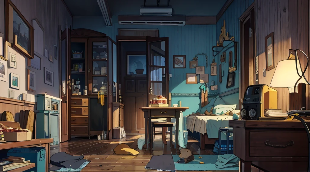 （best quality，masterpiece：1.2，detailed details，4k），A dim old apartment, a small birthday cake on an old wooden table, a modern apartment, an alarm clock on the wall, an anime scene,the wooden floor, 