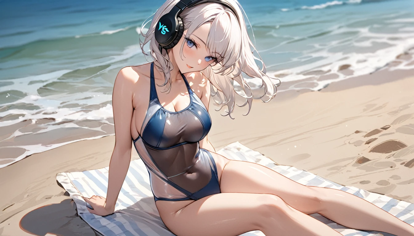 ((Top Quality)), ((Masterpiece)), ((Detail)), Perfect face, Perfact bodty, sitting on the beach, listening to music, wearing headphones, wearing swimsuits, swimsuits are transparent, legs open Sitting wide open, wearing tight clothing (yes, buttocks and breasts are exposed). I see a face, one women