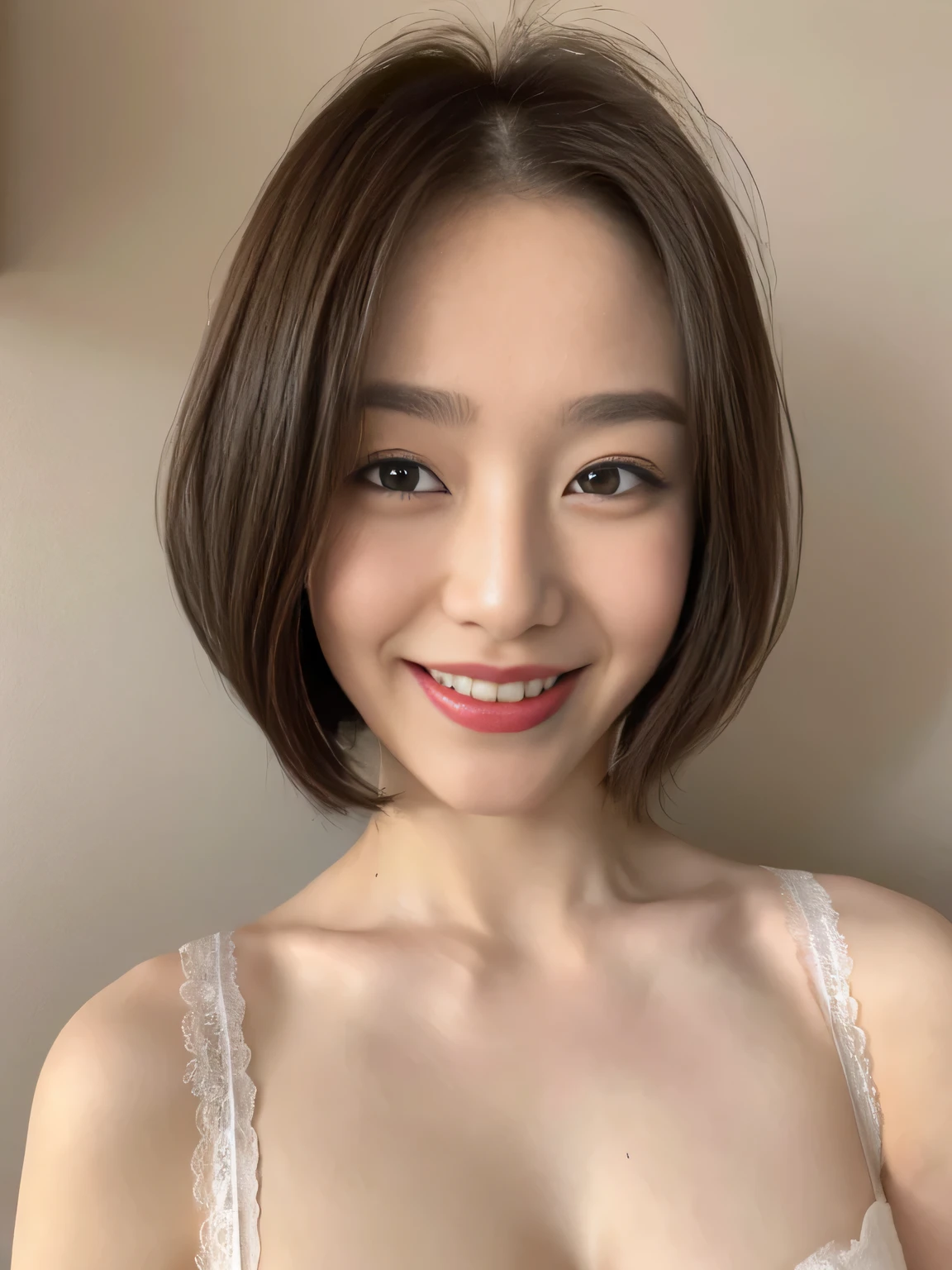 ((Highest quality、8K、masterpiece:1.3))、1 Girl、Thin abdominal muscles、Highly detailed face、Detailed eyes、double eyelid、?????????????、E cup ???????、、40-year-old woman、short hair、Straight Bob Hair、Short hair with bangs、Laughter、Beautiful girl highlighting her nakedness:1.3、lingerie、Upper Body、gray plain background、smile