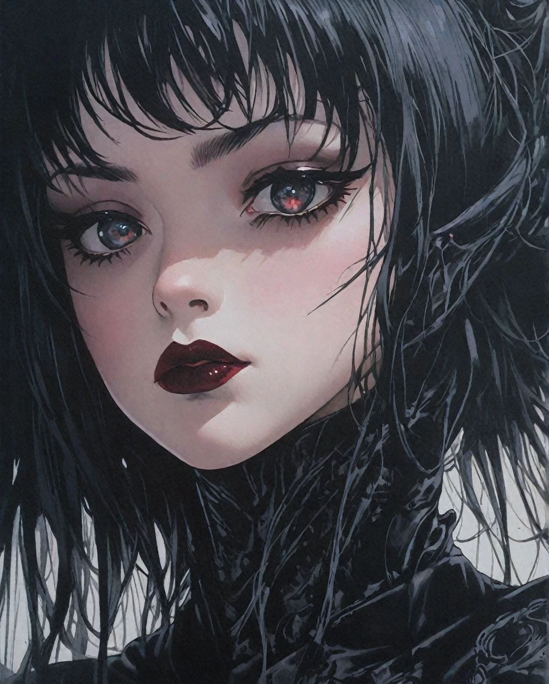 Flat-colored still of a Gorgeous goth girl, extreme close-up, detailed textures, ultra sharp focus, ultra-high pixel detail, professionally color graded, intricate, realistic, movie scene, cinematic, Hasselblad H6D-400C Multi-Shot, RAW photo, DARK ART, LOW EXPORURE, black lipstick,more detail XLt... anime girl from a 80s Anime portrayed by hajime sorayama, looking away from the viewer, solemn expression