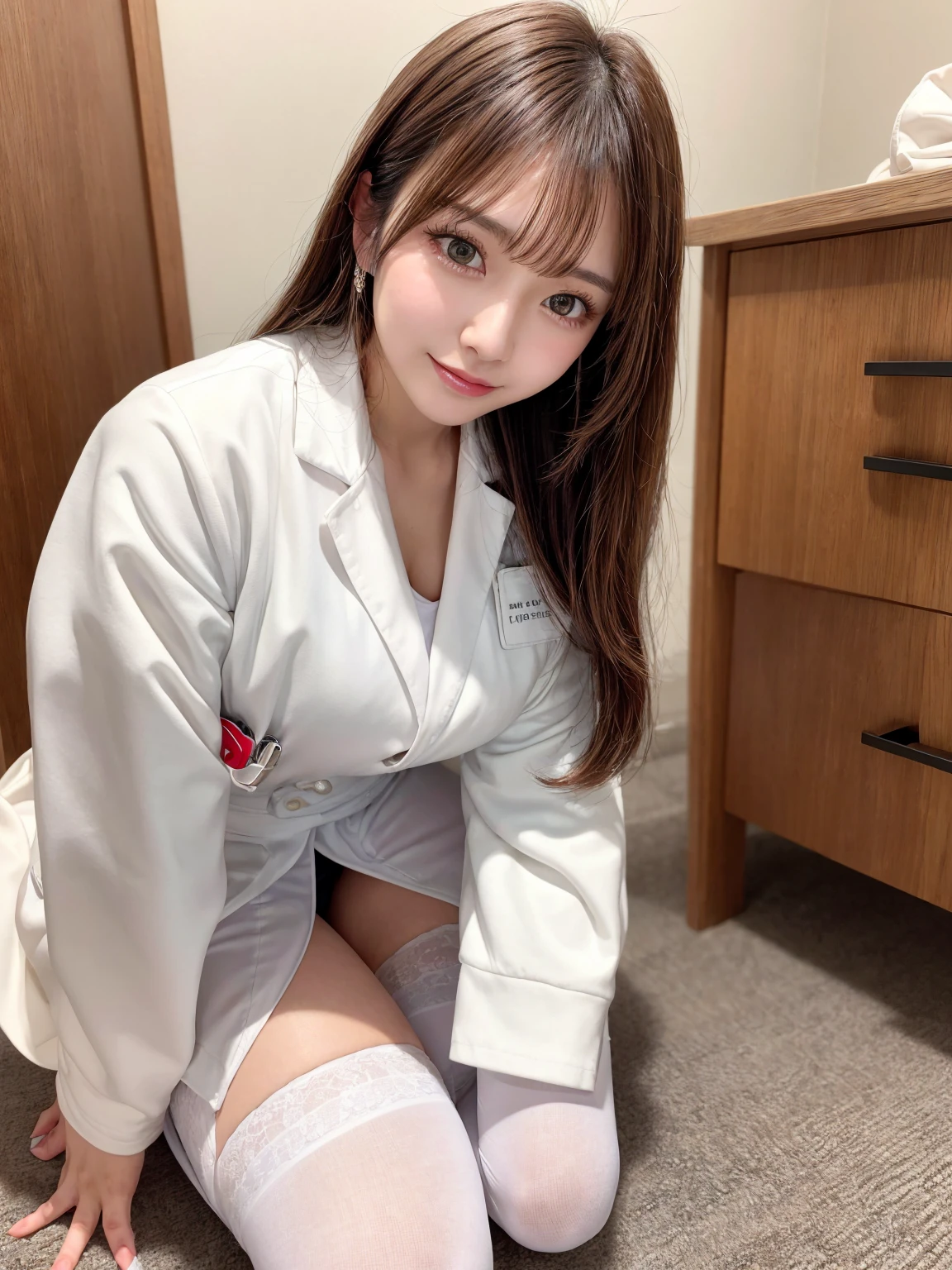 Arabian woman in white uniform kneeling next to a drawer, nurse girl, nurse, White Stockings, Ayami koj ima, Japanese model, sakimichan, wearing a white coat and blouse, kimi takemura, Kotegawa Yui, Ogata Aoi, Asian, Ayami, full length and White Stockings, Japanese