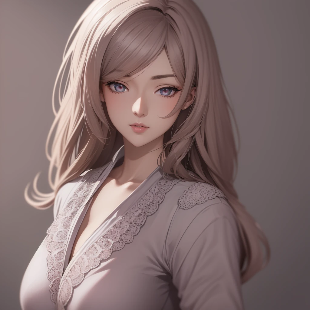 a beautiful anime office lady, wearing a lace bra, elegant and charming, detailed face, expressive eyes, detailed lips, long flowing hair, graceful pose, detailed clothing, soft lighting, pastel colors, photorealistic, 8k, best quality, masterpiece