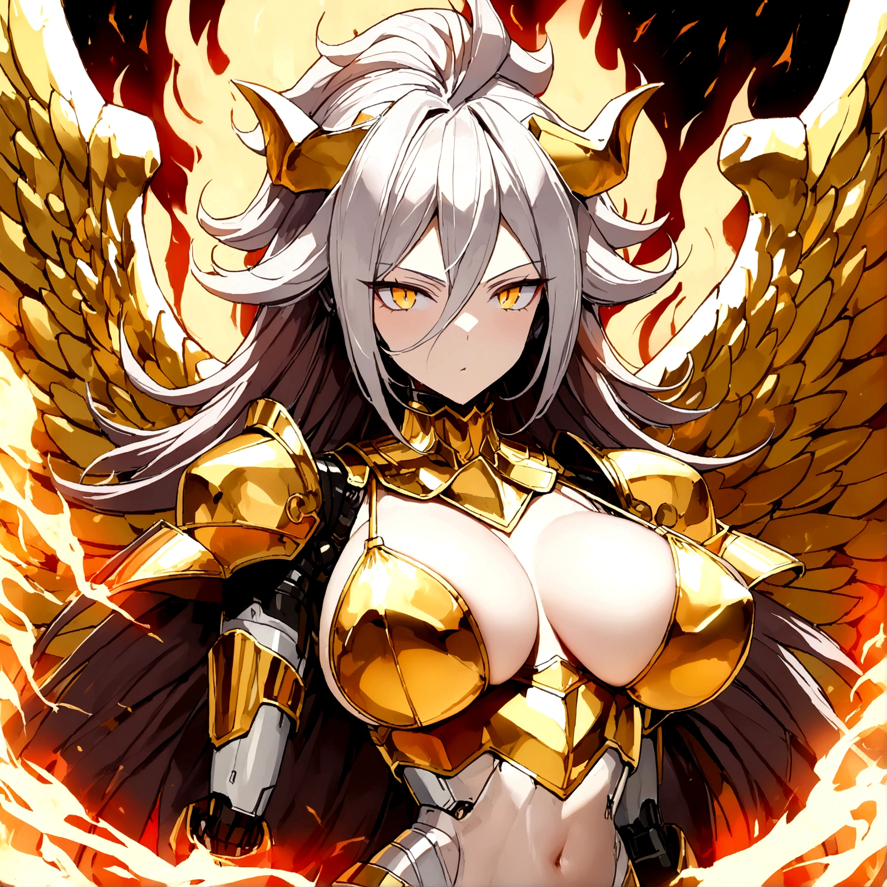 ((((Gigantic Rasengan)))), ((Lightning Power)), ((Electricity)), ((Fire Background)), ((Lightning Storm)), ((Power Erupting)), (((((android 21))))), (((Evil Power))), (((white Coat))), ((())), (((((Big :1,3)))), luxury bustier corset, (((silver hair))), (((Very slim waist))), propotional body, ((Gorgeous)), (((Fire Blazing Horns))), ((((gold wings))), masterpiece, hyperdetail, ambient effect, digital effect, (((Fire Gold Bikini Armor))), (((Lightning Gold Wings)))