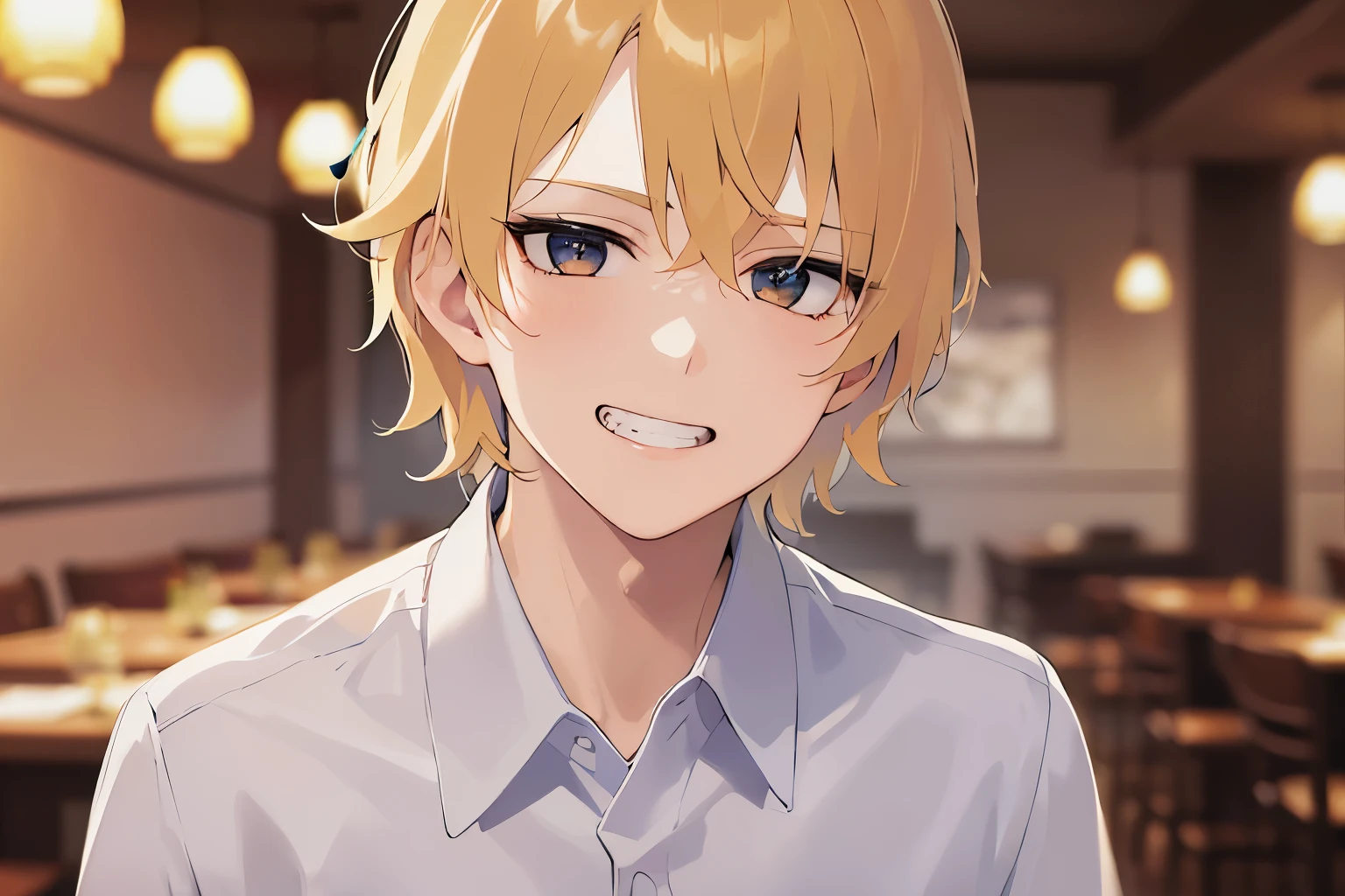 upper body、shiny skin、masterpiece、Highest quality、BREAK (25-year-old male:1.5) and (Blonde short hair) and (Brown eyes) and (jitome), BREAK white collared shirt BREAK 立っている、(grin:1.3), The background is the interior of a restaurant at night.、(alone:1.5)、Upper body is shown、