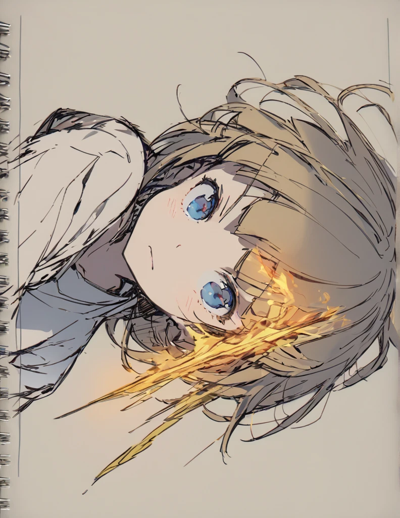 A girl fighting with golden flames(Sketches), (Open Close), (Small body), (Blonde:1.5) (Short Bob Hair:1.4), (Blue eyes)(Blunt bangs:1.3)
