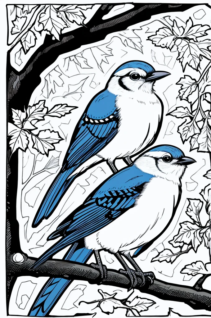 As a coloring book, white and black color, borders should be simple, clear, distinct, and thick lines. By Cartoon Style of [Blue Jay], perched on a branch, in a [Forest], with [Cherry Blossoms]