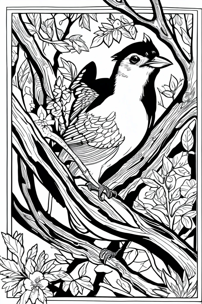 As a coloring book, white and black color, borders should be simple, clear, distinct, and thick lines. By Cartoon Style of [Blue Jay], perched on a branch, in a [Forest], with [Cherry Blossoms]