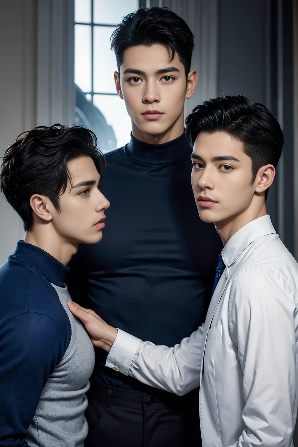 ((masterpiece)),((best quality)),8K,high detail,Very detailed, Very manly，3 men, like，fashion pose, Realistic skin texture, Light,
Royal blue style couple