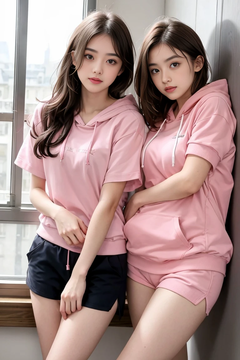 deux femmes ensemble de 18 ans sexy et mince , pink short sleeve hoodie , salle de classe, se touche,position sey,sensuel