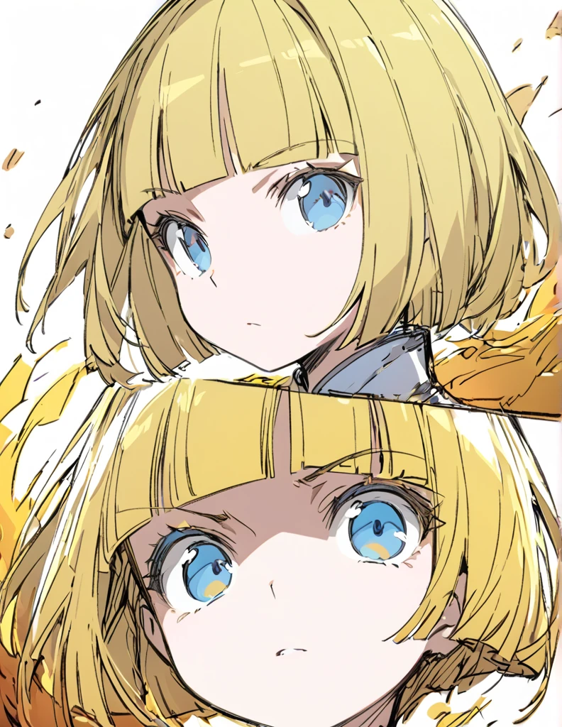 A girl fighting with golden flames(Sketches), (Open Close), (Small body), (Blonde:1.5） (Short Bob Hair:1.4), (Blue eyes)(Blunt bangs:1.3)

