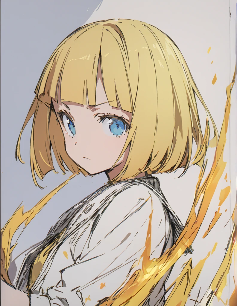 A girl fighting with golden flames(Sketches), (Open Close), (Small body), (Blonde:1.5) (Short Bob Hair:1.4), (Blue eyes)(Blunt bangs:1.3)