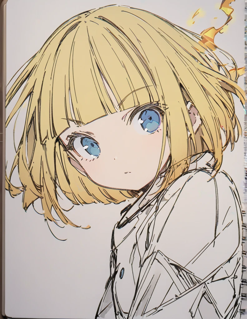 A girl fighting with golden flames(Sketches), (Open Close), (Small body), (Blonde:1.5) (Short Bob Hair:1.4), (Blue eyes)(Blunt bangs:1.3)