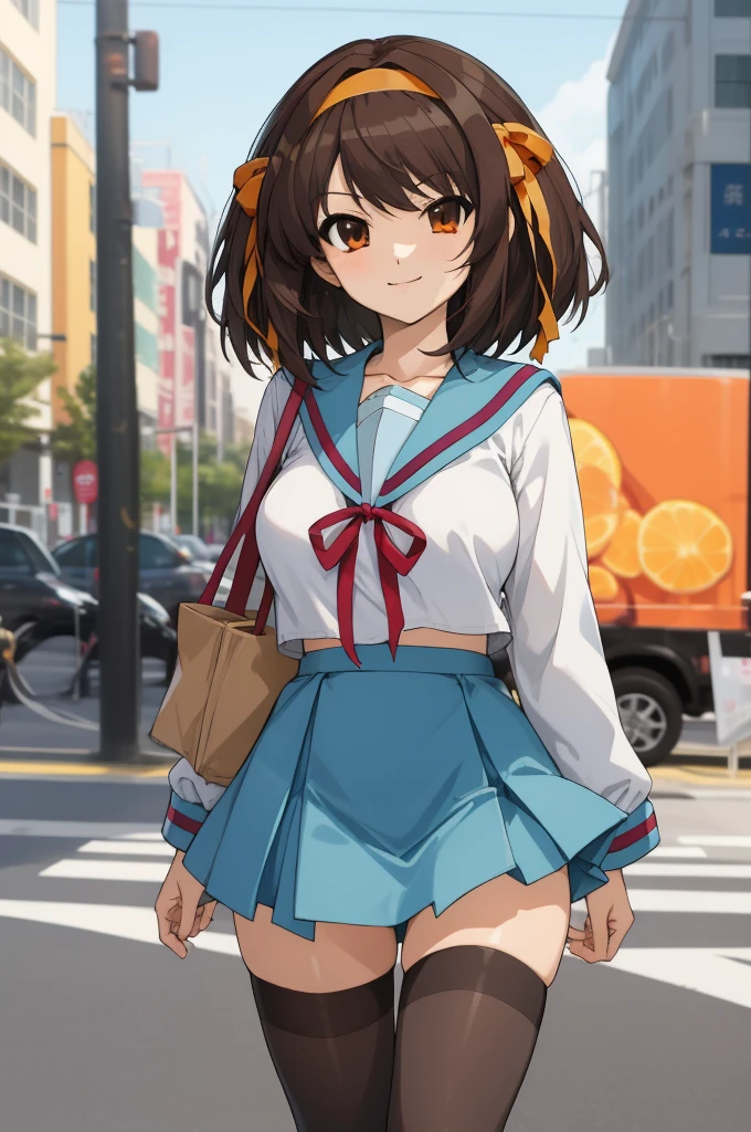 ,outdoors,1girl,solo,cowboy shot,looking at viewer,facing viewer,smile,Suzumiya Haruhi,medium hair,brown hair,hair intakes,orange hairband,hair bow,orange bow,hair ribbon,orange ribbon,hair ornament,sidelocks,diagonal bangs,brown eyes,kita high ,collarbone,blue sailor collar,serafuku,neck ribbon,red ribbon,red bow,white shirt,long sleeves,large breasts,skindentation,shirt tucked in,miniskirt,blue skirt,zettai ryouiki,black thighhighs,loafers,big breasts,