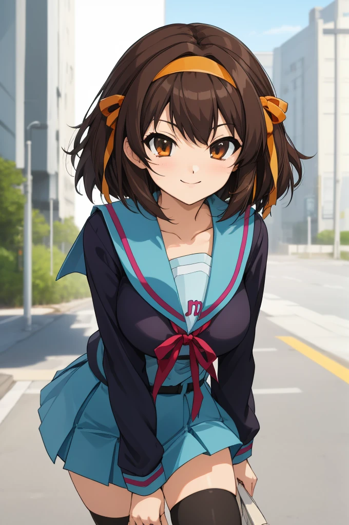 ,outdoors,1girl,solo,cowboy shot,looking at viewer,facing viewer,smile,Suzumiya Haruhi,medium hair,brown hair,hair intakes,orange hairband,hair bow,orange bow,hair ribbon,orange ribbon,hair ornament,sidelocks,diagonal bangs,brown eyes,kita high ,collarbone,blue sailor collar,serafuku,neck ribbon,red ribbon,red bow,white shirt,long sleeves,large breasts,skindentation,shirt tucked in,miniskirt,blue skirt,zettai ryouiki,black thighhighs,loafers,big breasts,