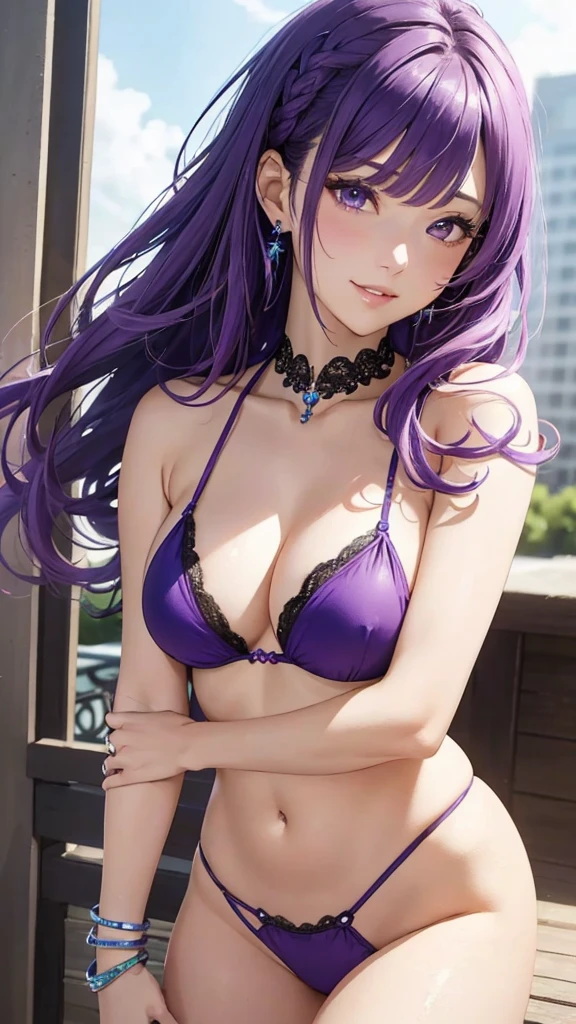 (((Masterpiece、Ultra high definition、Ultra HD、８K Quality)))、(((A woman in a purple micro bikini))), (((Purple Hair、Updo)))、Purple Eyes、((Bangs))、Pink Lips、tiara, scenery, Sexy expression, ((Very detailed)), (Perfectly detailed face), (Detailed and well-drawn hand) 、Very large breasts、Cute Smile、Photorealistic images 、 (((Picture from the waist up)))、Earrings、bracelet、ring