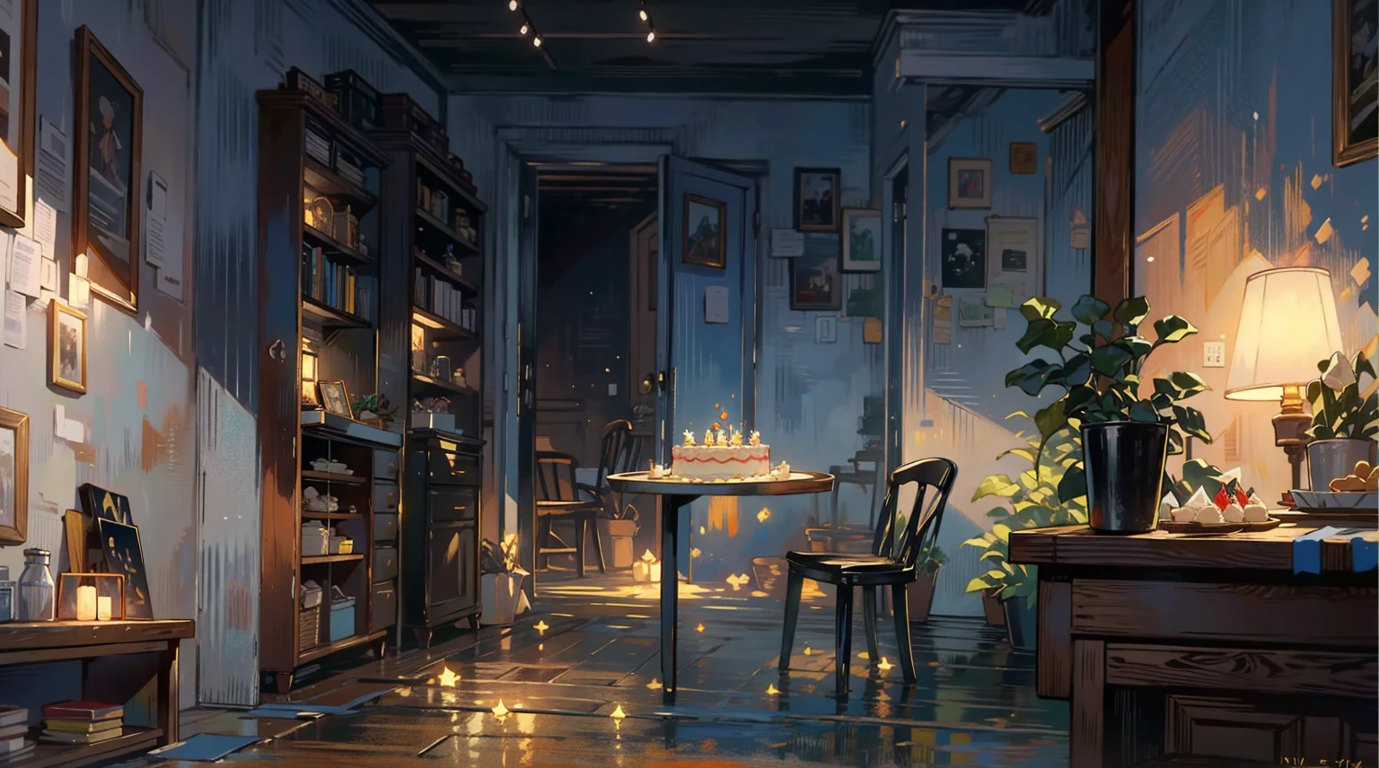 (best quality,masterpiece:1.2,detailed details,4k),A dim old apartment, a small birthday cake on an old wooden table, a modern apartment, an alarm clock on the wall, an anime scene,the wooden floor,