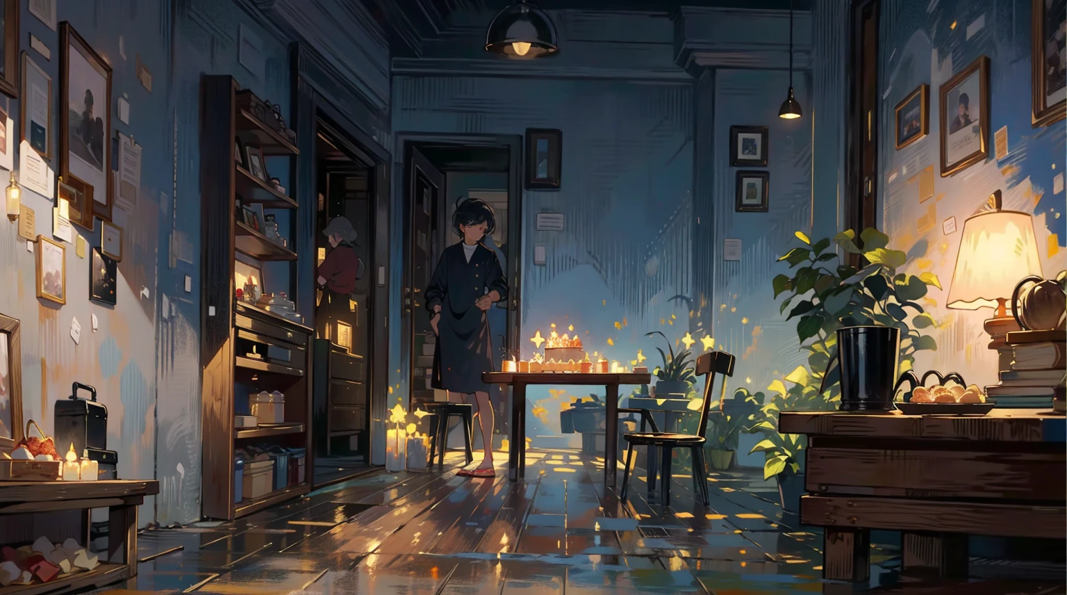 (best quality,masterpiece:1.2,detailed details,4k),A dim old apartment, a small birthday cake on an old wooden table, a modern apartment, an alarm clock on the wall, an anime scene,the wooden floor,