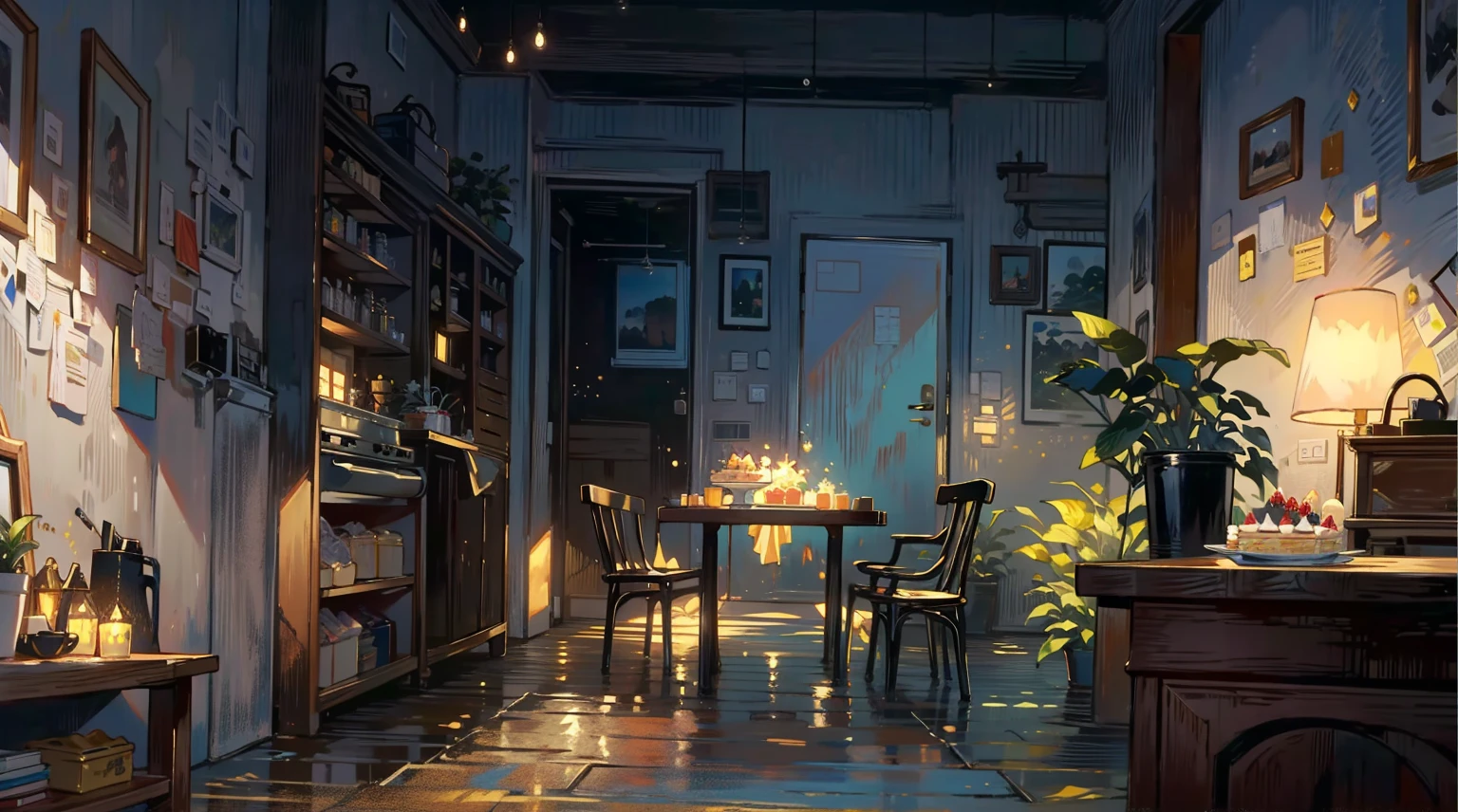 （best quality，masterpiece：1.2，detailed details，4k），A dim old apartment, a small birthday cake on an old wooden table, a modern apartment, an alarm clock on the wall, an anime scene,the wooden floor, 