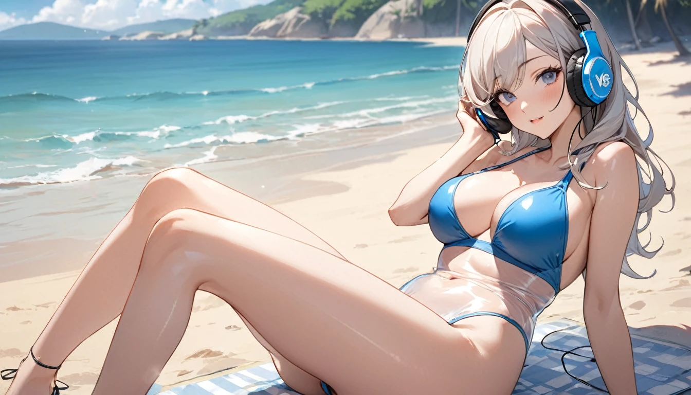 ((Top Quality)), ((Masterpiece)), ((Detail)), Perfect face, Perfact bodty, sitting on the beach, listening to music, wearing headphones, wearing swimsuits, swimsuits are transparent, legs open Sitting wide open, wearing tight clothing (yes, buttocks and breasts are exposed). I see a face, one women