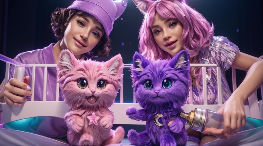 on the sides there is a man in purple, he has a purple hat with cat ears, on the right side there is a girl with pink hair, she is holding a baby bun with milk, her hand reaches into the cot, which is right in front of us, in the cot there are two very fluffy and cute kittens, on the left - a pink kitten, on the right - a purple kitten, on the side of the kitties are soft cushions in blue, smooth 3d model, glossy plastic texture, multiple light sources, rim light, sharp post effects render, most beautiful vfx, , realistic, 4k, high resolution, rim light, smooth 3d model. , glossy texture, smooth 3d model, multiple light sources, rim light, sharp post effects render, (glossy plastic texture with multiple big light probe refractions), perfect cgi, reflective, best quality, 4k, masterpiece:1.2, ultra-detailed, realistic, vivid colors, The image of the highest quality, ensuring every detail showcased perfectly. It in 4k resolution, allowing viewers to immerse themselves in the richness of the colors and intricate details. The realistic rendering. under the spotlight, reflecting, high-resolution image, realistic rendering
