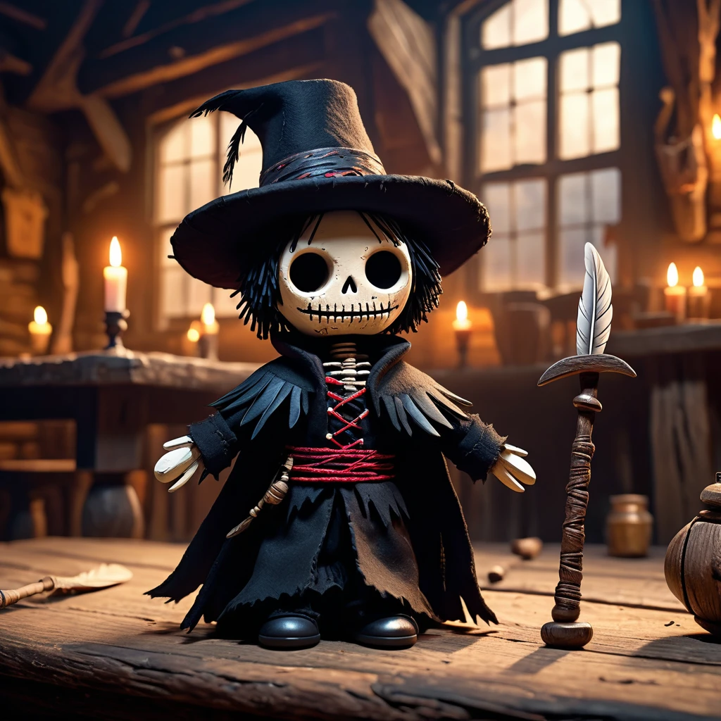 (knitted toy voodoo doll: 1.2), (Voodoo Dark Bard: 1.3), (clothes Black cloak, ancient instrument, feather on hat: 1.0), (in the background Abandoned tavern, empty tables, cracked windows: 1.3), best quality, masterpiece, detailed soft oil painting, detailed background, dramatic cinematic lighting, soft edge lighting, professional, dramatic lighting, hard edge lighting, ultra quality, 4k, masterpiece, best quality, 8k, ultra high definition, high resolution, extremely detailed