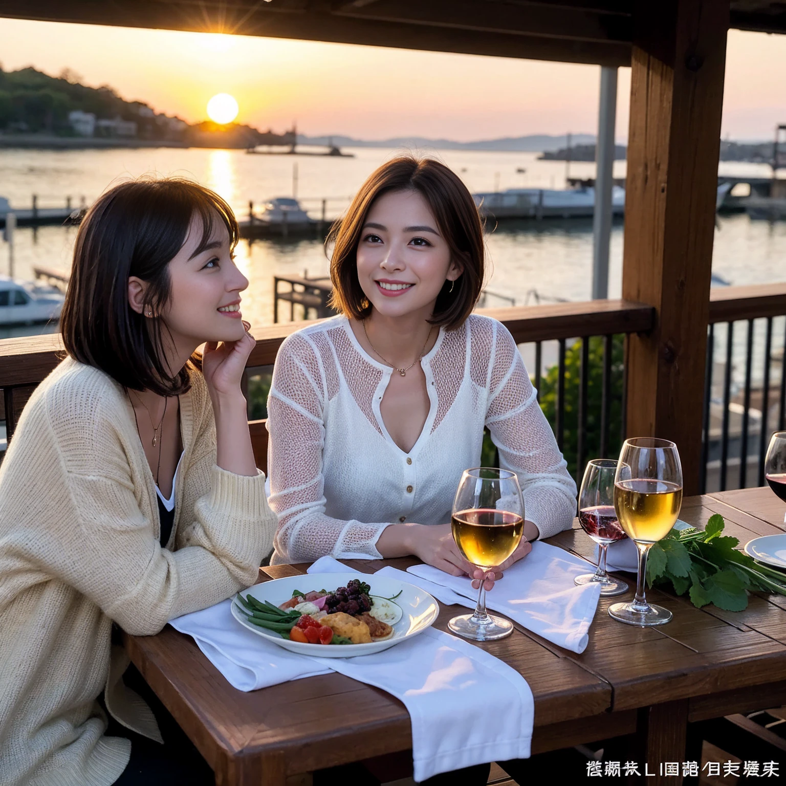 ((Highest quality、8K、masterpiece:1.3))、 (Ultra-realistic、 Genuine、Bright image、Intricate details:1.2), 最高のsmile、1 male、1 female、Beautiful couple、love love love、A lover who resembles Alice Hirose、Good friends、actress couple、smile、Full-course dinner at a packed table、 (Slim face), (the body is slim), (Brown Hair), (short hair), テーブルのwine glass、Please shine a light on my face、 Amazing view of the sunset sky and clouds、 39 years old, red wine 、Appetizers、Wine bottle、sparkling wine、Long sleeve shirt、dress、White wine, red wine, wine glass, 