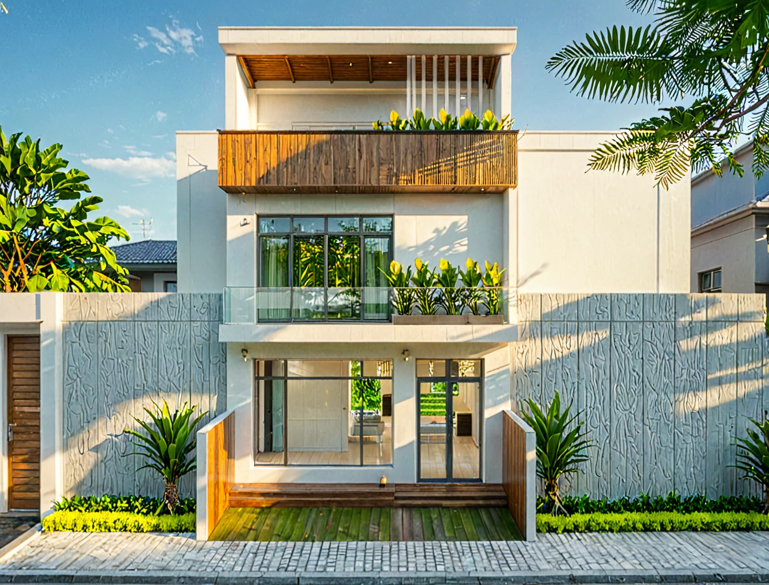 modern villa on street, (daylight), tropical tree, vivid colour, streetcapes, white tone, white wall, large glass door, warm interior lighting, wood, raw photo, ultra realistic, best quality, 17ArchiAI_XL_VL-v1
