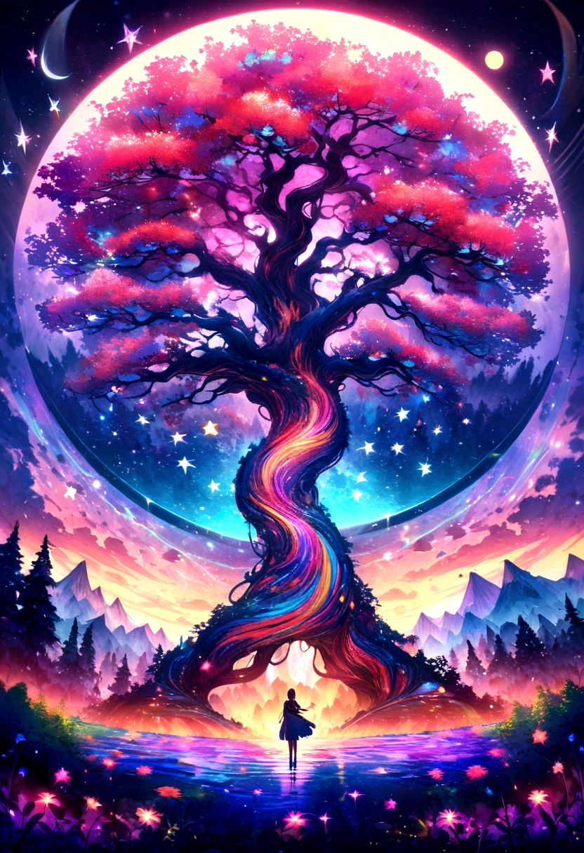 A painting,There is a tree in the painting,The background is the moon and stars, Magic tree, Cosmic Tree, Colorful trees,