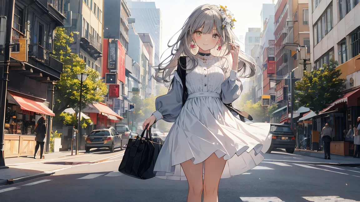 (masterpiece:1.2), Highest quality,Pixiv,pretty girl , 1 Girl, flower, cup, have, Bob Hair, Gray Hair, bag, High heels, food, jewelry, Earrings, Looking at the audience, smile, Holding, Long Hair, Inner Color、alone, fruits, Knee-length dresses, handbag, Grey Eyes, Colorful shoes, bird, yellow flower, envelope, whole body, white flower, shirt,Are standing, Valentine's day color、Colorful background、
