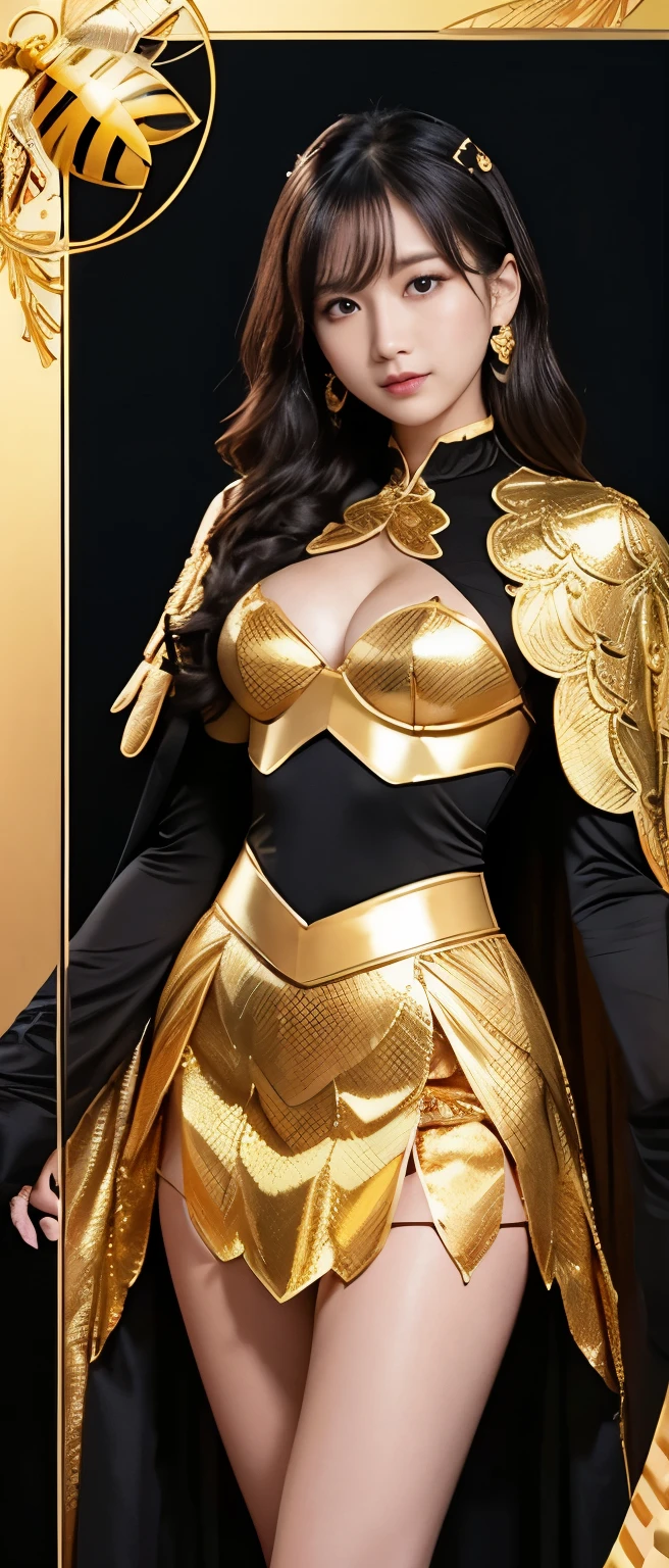 Tall and cute idol knight、whole body、Good style、、、、、、、、、、Tanned thick legs、、Gold and black armor suit（Bee Embroidery、Passionate Honeycomb Cape）、、Neat and clean idol face、Wavy Hair、rose garden