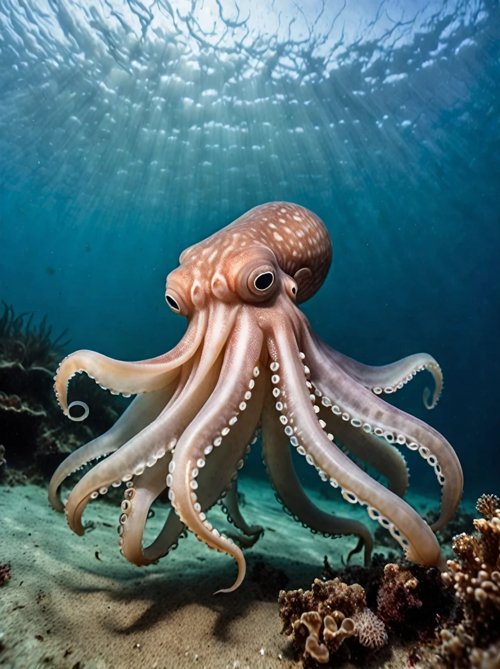 photo focus on squid focus, outdoors, realistic scenery, underwater, giant squid, nautilus-style. very wide shot, character photo portrait, film, professional, highly detailed,